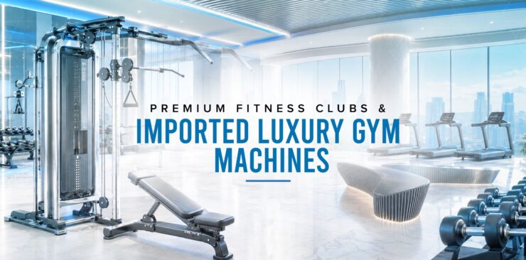Imported luxury gym machines in premium fitness club with cardio and strength equipment layout.