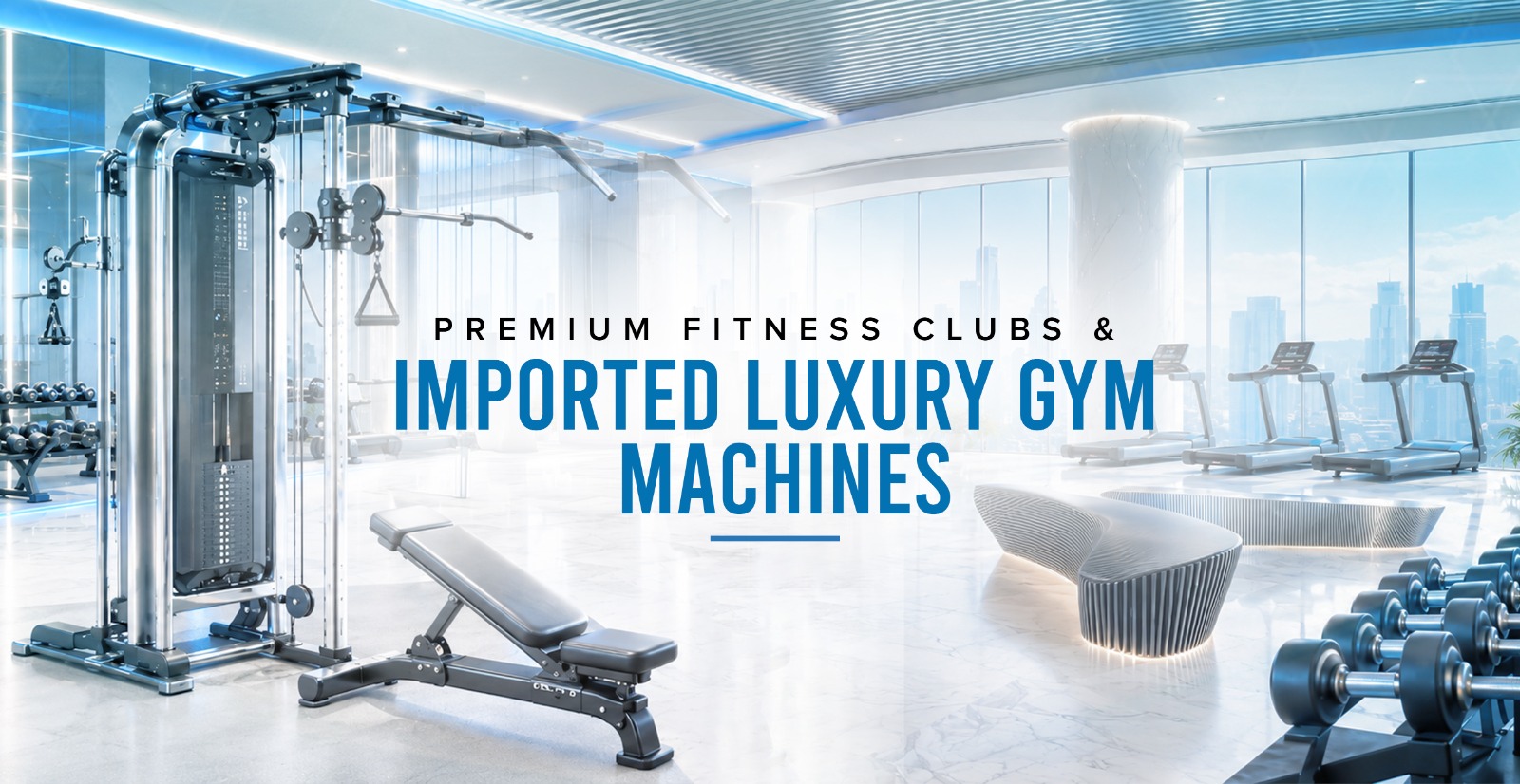 Imported luxury gym machines in premium fitness club with cardio and strength equipment layout.